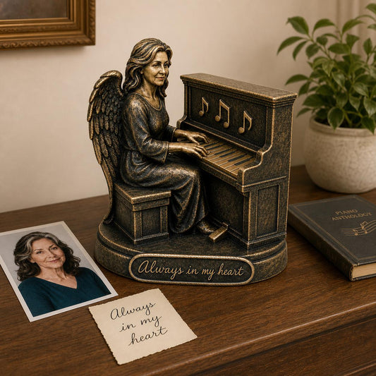 
Pianist angel figurine on a dark wood shelf with her photo, a note card and a potted plant