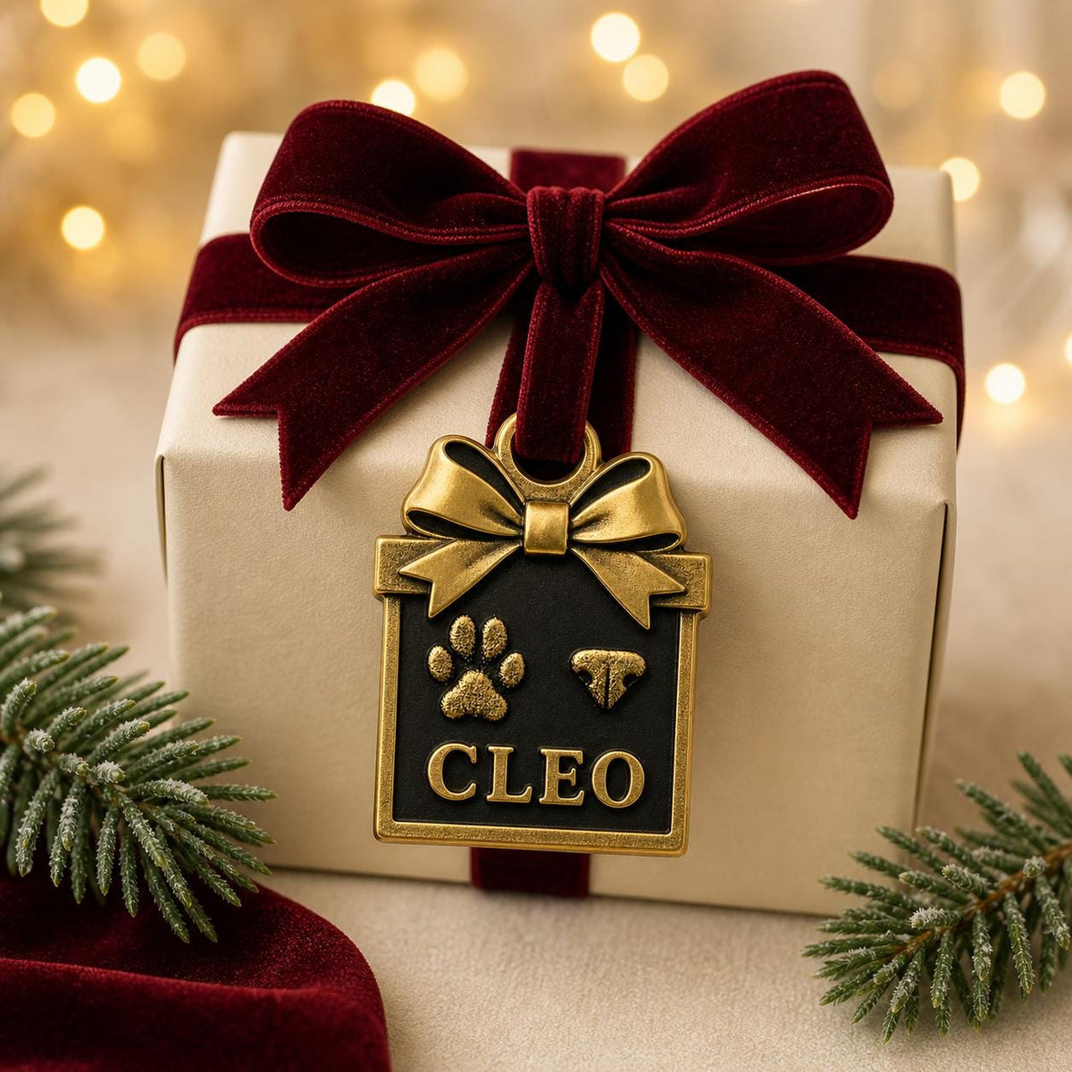 Box-shaped pet ornament tied to a cream wrapped box with a red velvet bow
