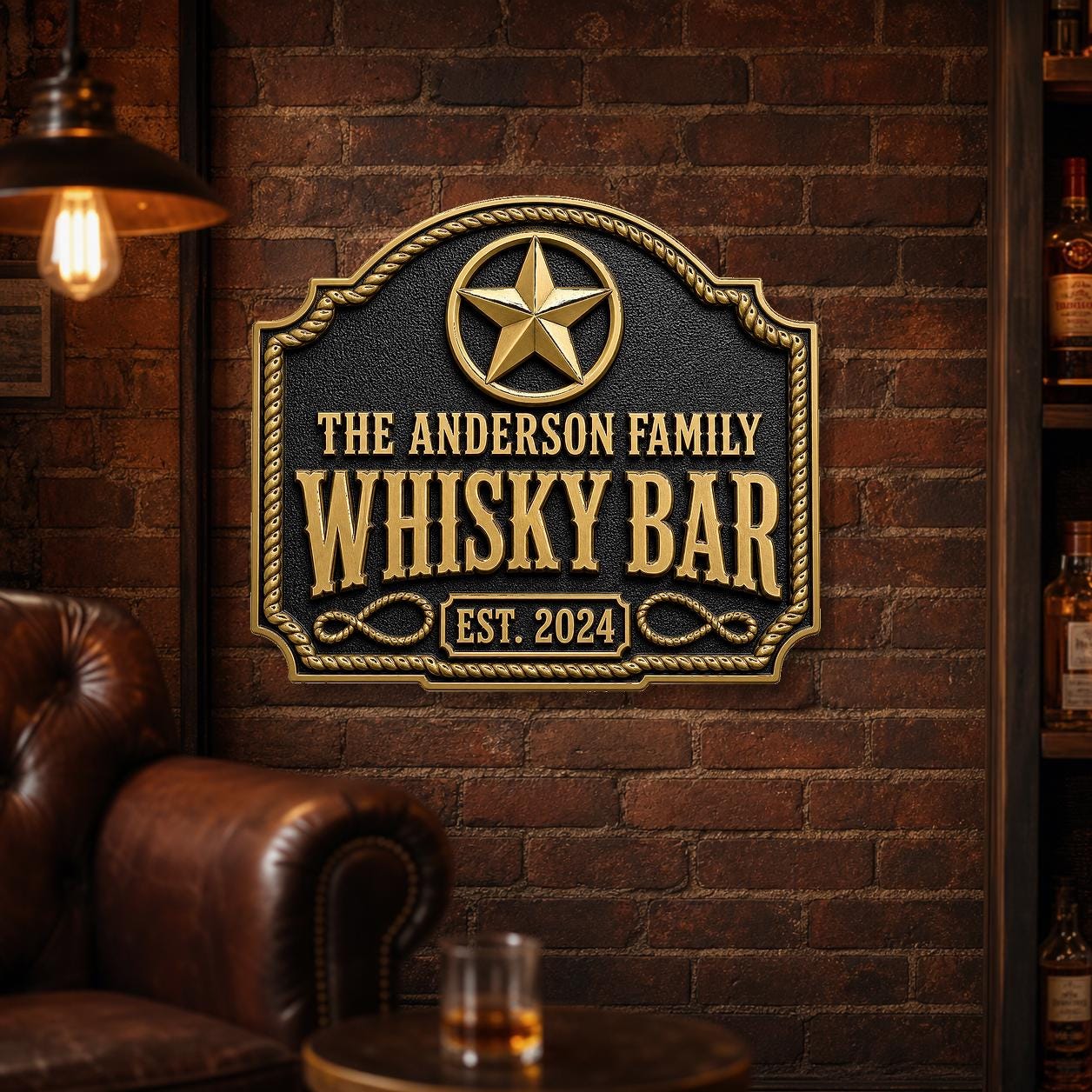 Personalised Western Whisky Bar Plaque | Custom Family Saloon Sign | Handcrafted Antique Brass Wall Decor