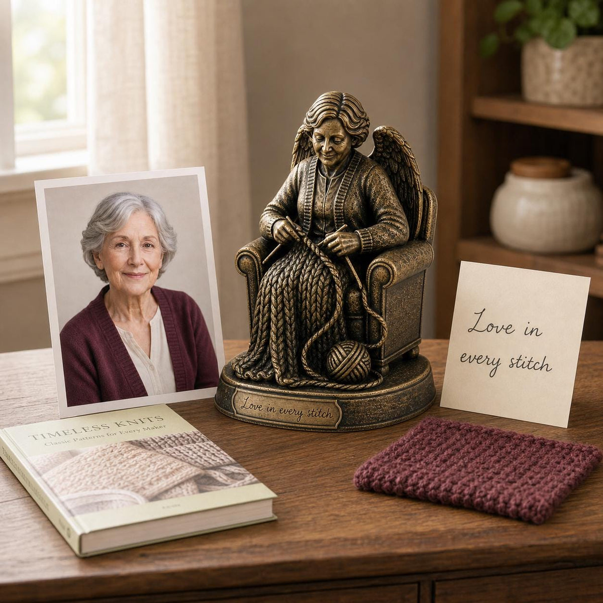 Personalised Knitting Memorial Figurine from Photo, Antique Brass Angel Statue, Custom Grandma Remembrance Gift