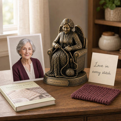 Personalised Knitting Memorial Figurine from Photo, Antique Brass Angel Statue, Custom Grandma Remembrance Gift