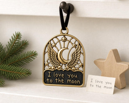 Large Personalized Moon & Wings Memorial Ornament | Wedding Keepsake | Brass Christmas Decor