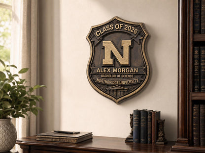 Personalized Graduation Plaque: Antique Brass-Finish Metal Crest with Custom Name, Degree and Year