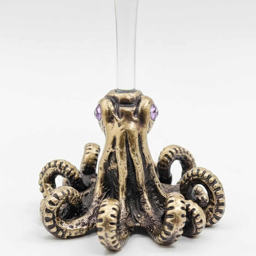 Octopus Wine Glass – Antique Brass Base with Gemstone Eyes, 12 oz