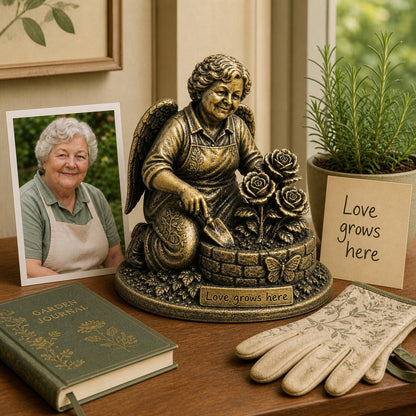 Personalised Grandma Memorial Figurine from Photo, Antique Brass Angel Gardener Statue, Custom Remembrance Gift
