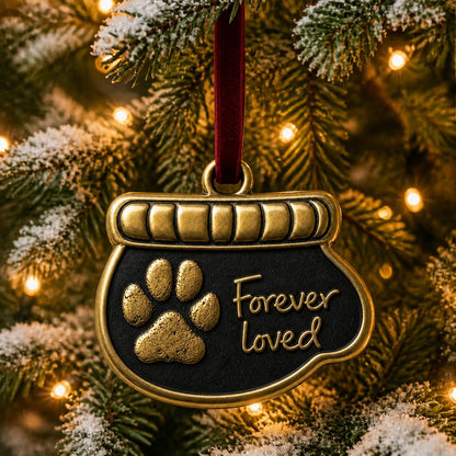 Bowl-shaped paw print ornament hanging on a frosted Christmas tree with lights