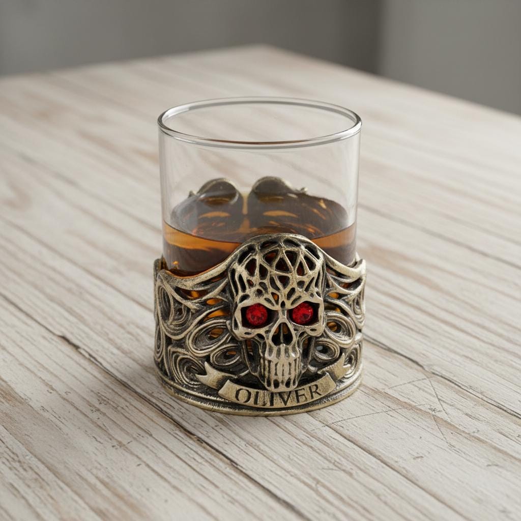 Personalized Jeweled Skull Whiskey Glass – Name on the Band, 10 oz