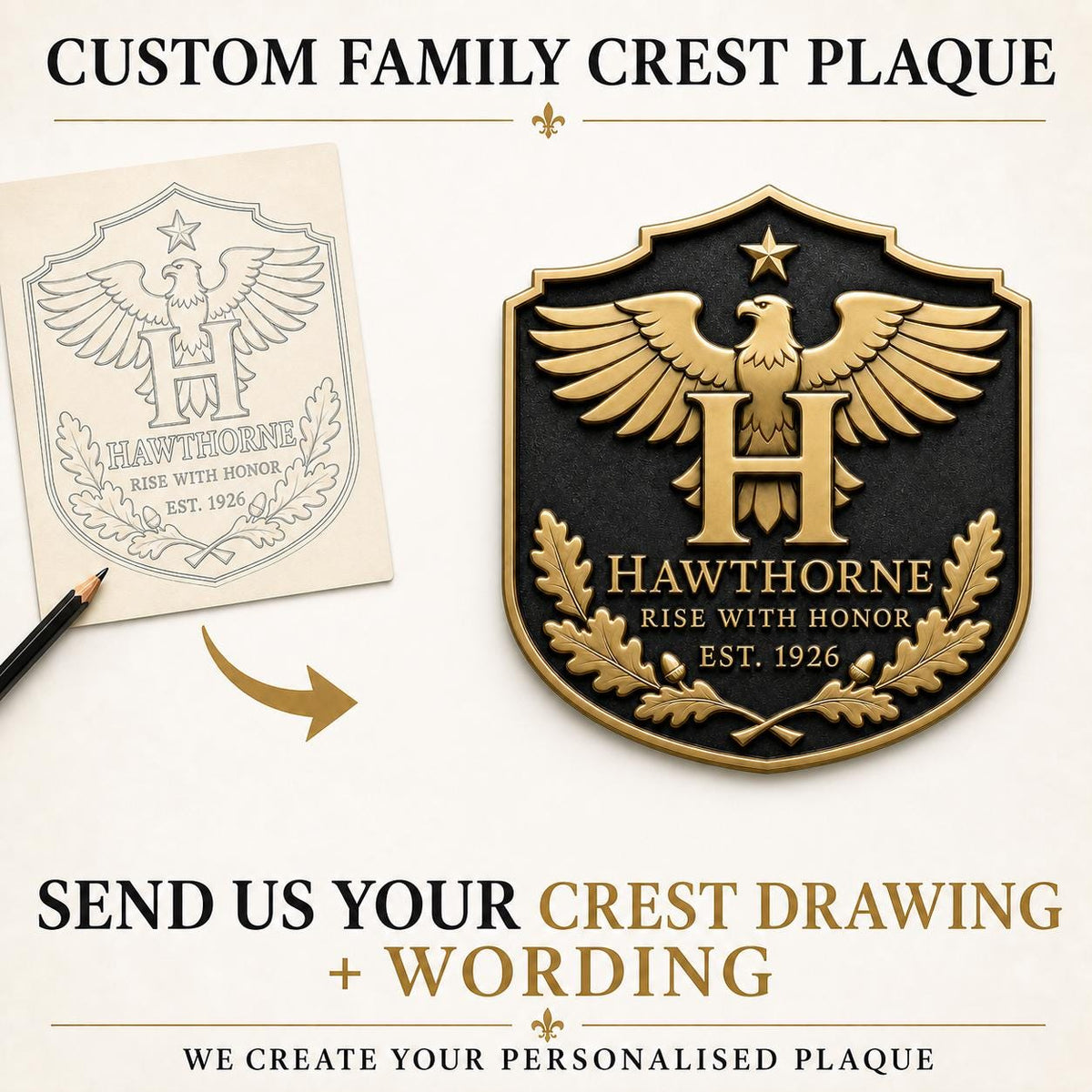 Custom Brass Heraldic Family Crest Plaque | Design Your Own Coat of Arms, Surname, Monogram & Motto