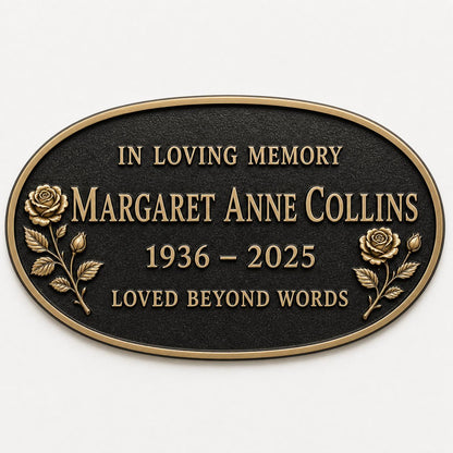 Personalised Tribute Plaque, Floral Memorial Sign, Antique Brass Finish