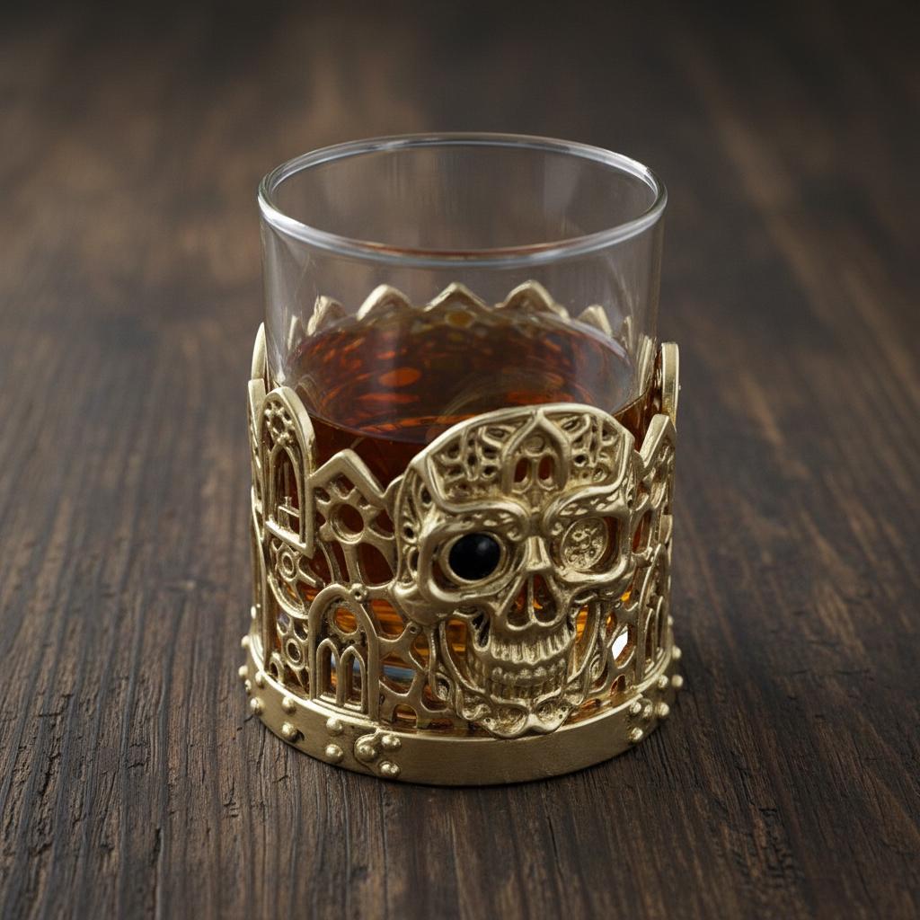 Gemstone Skull Whiskey Glass – Gold Holder, 10 oz