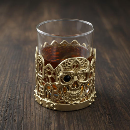 Gemstone Skull Whiskey Glass – Gold Holder, 10 oz
