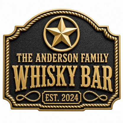 Personalised Western Whisky Bar Plaque | Custom Family Saloon Sign | Handcrafted Antique Brass Wall Decor
