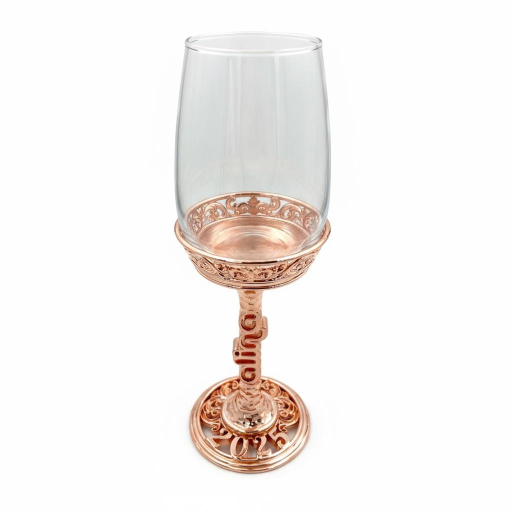 Rose gold finish stem and base with sample wording