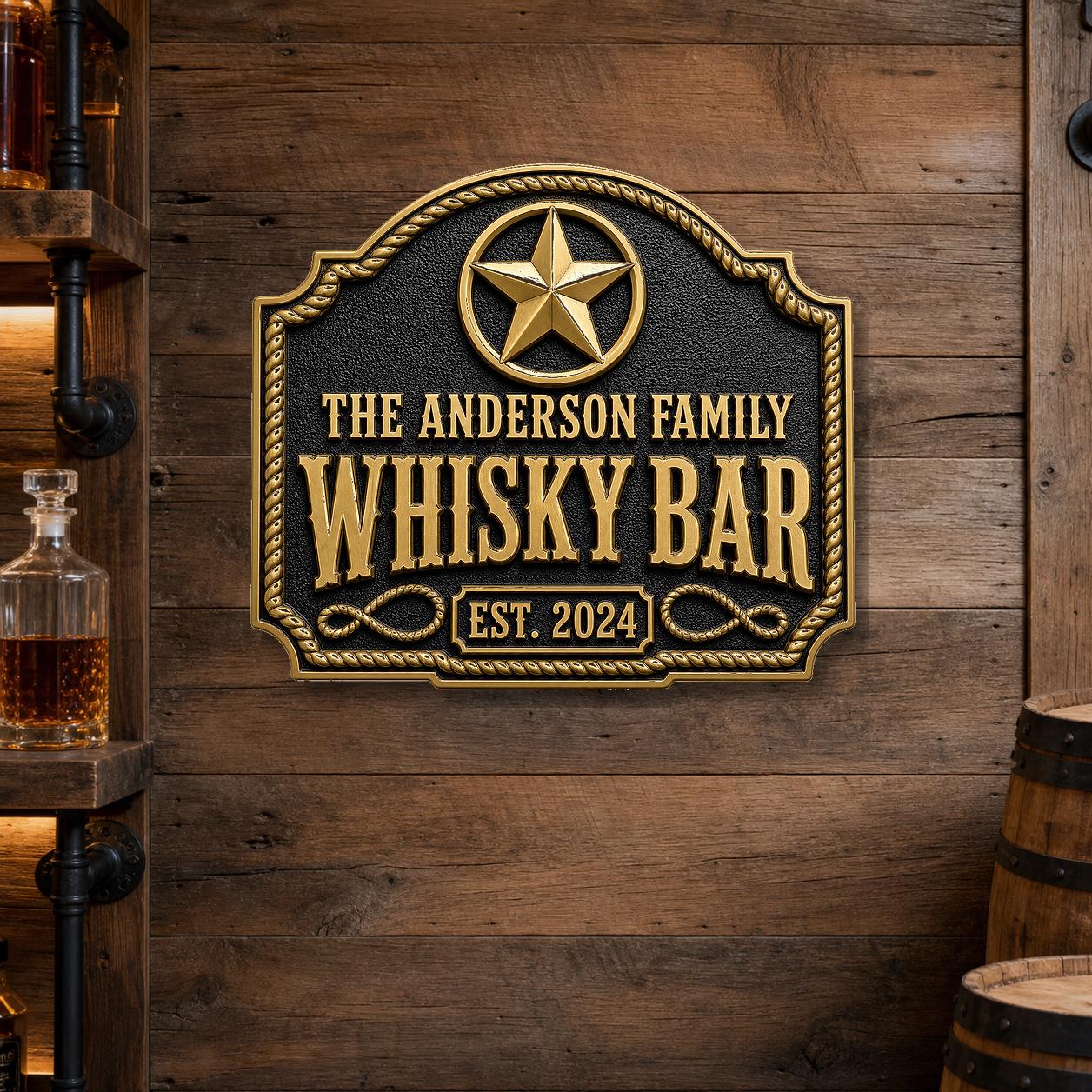 Personalised Western Whisky Bar Plaque | Custom Family Saloon Sign | Handcrafted Antique Brass Wall Decor