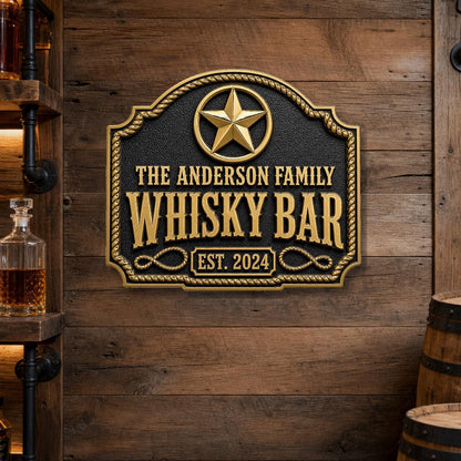 Personalised Western Whisky Bar Plaque | Custom Family Saloon Sign | Handcrafted Antique Brass Wall Decor