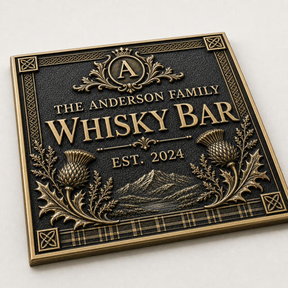 Personalised Scottish Whisky Bar Sign | Antique Brass Highland Plaque | Custom Family Home Bar Gift