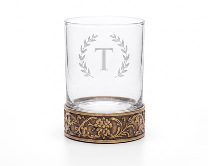 Personalised Laser Etched Brass Base Whiskey Glass | Signature Monogram/Name Glasses | Antique Brass Metal Base