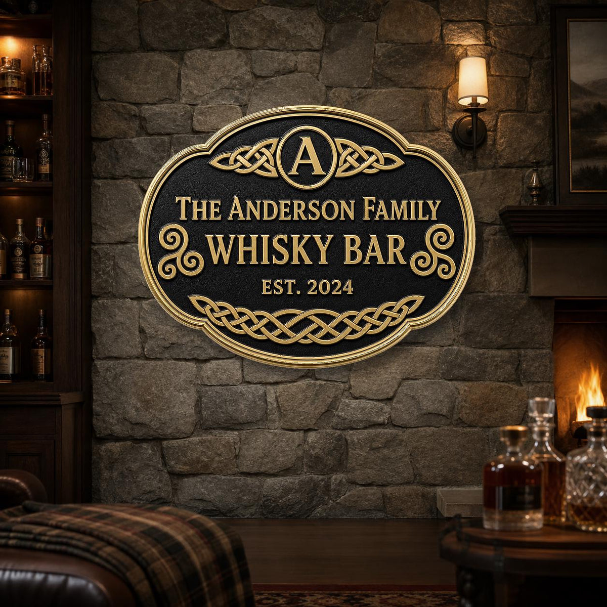 Personalised Celtic Whisky Bar Sign | Antique Brass Oval Family Bar Plaque | Custom Irish Home Bar Wall Sign