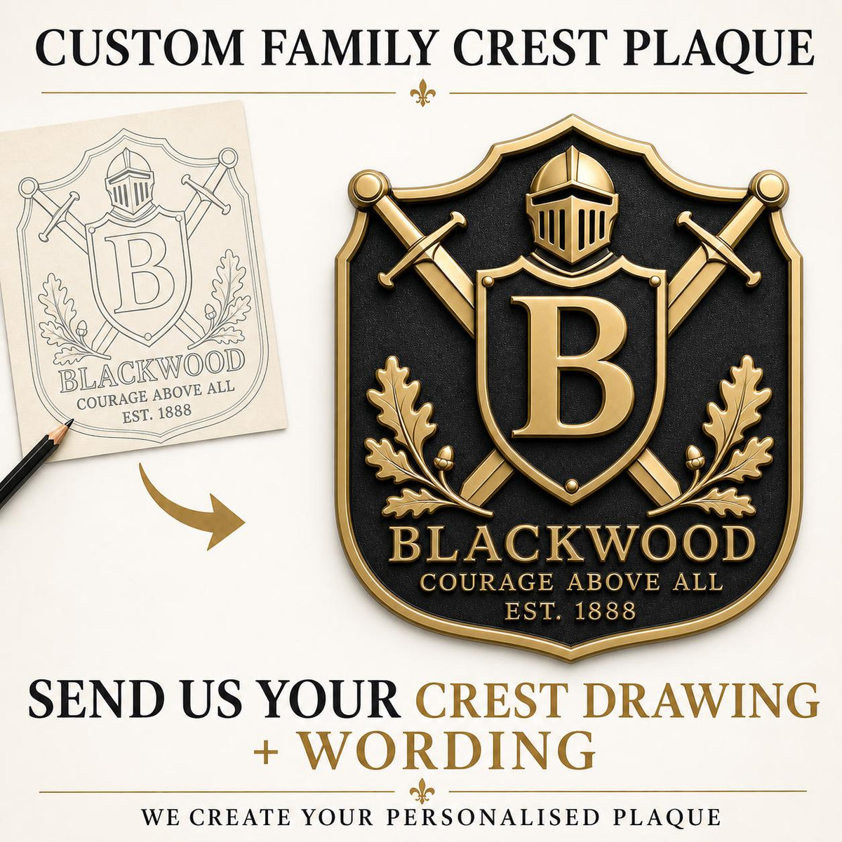 Family Heritage Plaque | Bespoke Coat of Arms, Name & Founding Date | Raised Metal Wall Art