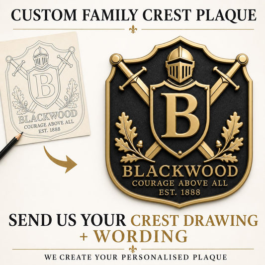 Family Heritage Plaque | Bespoke Coat of Arms, Name & Founding Date | Raised Metal Wall Art