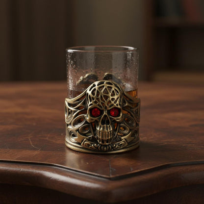 Jeweled Skull Whiskey Glass – Antique Brass Holder, 10 oz
