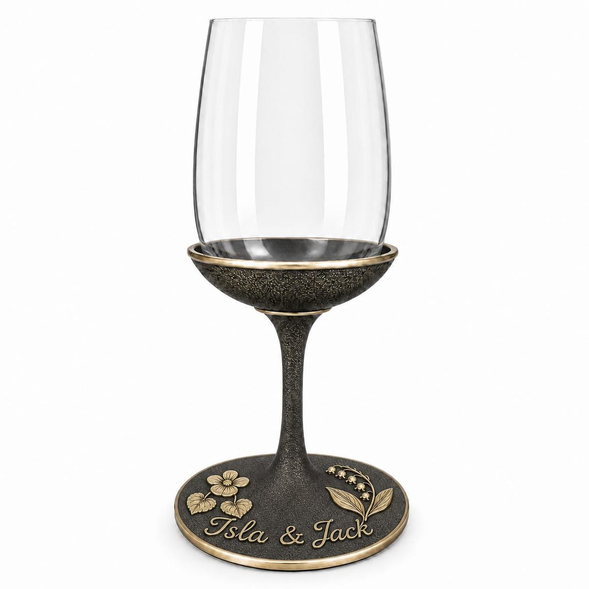 Personalised Birth Flower Wine Glass, Violet & Lily of the Valley Antique Brass Base