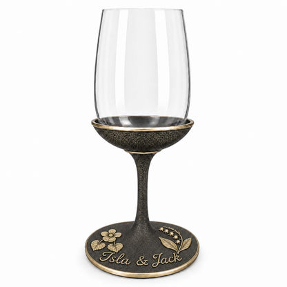 Personalised Birth Flower Wine Glass, Violet & Lily of the Valley Antique Brass Base