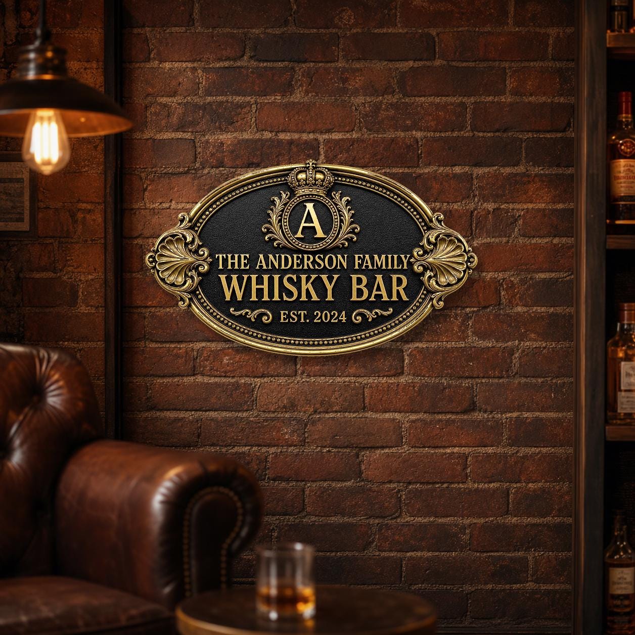 Personalised Home Bar Sign | Antique Brass Whisky Plaque | Custom Man Cave Gift