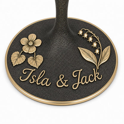 Personalised Birth Flower Wine Glass, Violet & Lily of the Valley Antique Brass Base