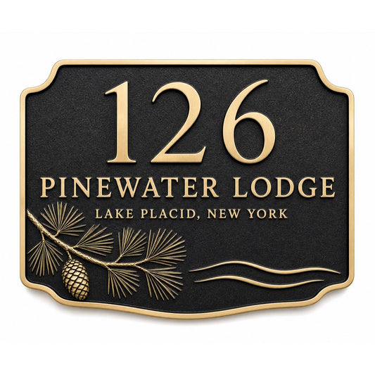 Personalised Pine Tree Address Plaque | Custom Antique Brass House Number | Indoor/Outdoor Wall Decor