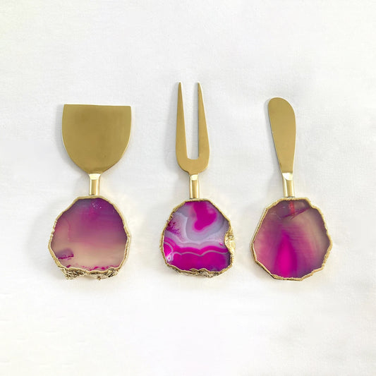 Set of 3 Pink Agate Cheese Knives/Spreaders