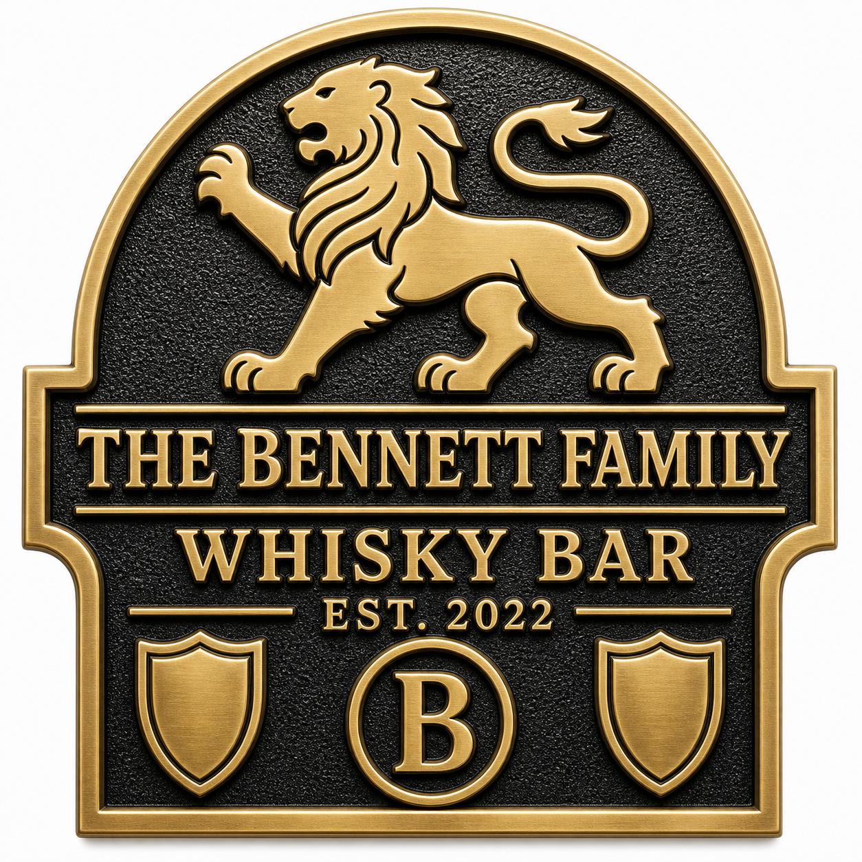 Personalised Lion Family Whisky Bar Sign | Antique Brass Home Bar Plaque | Custom Wall Decor