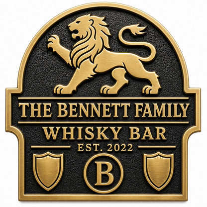 Personalised Lion Family Whisky Bar Sign | Antique Brass Home Bar Plaque | Custom Wall Decor