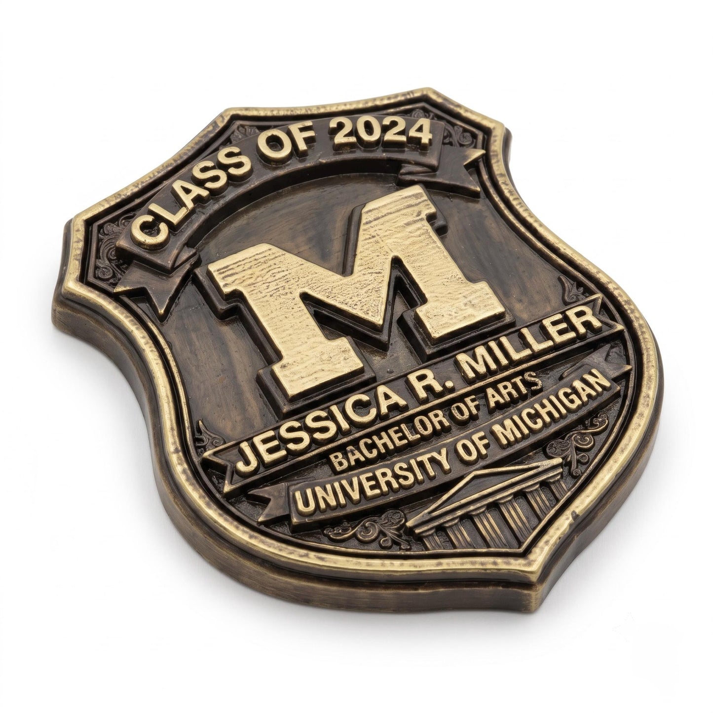 Personalized Graduation Plaque: Antique Brass-Finish Metal Crest with Custom Name, Degree and Year