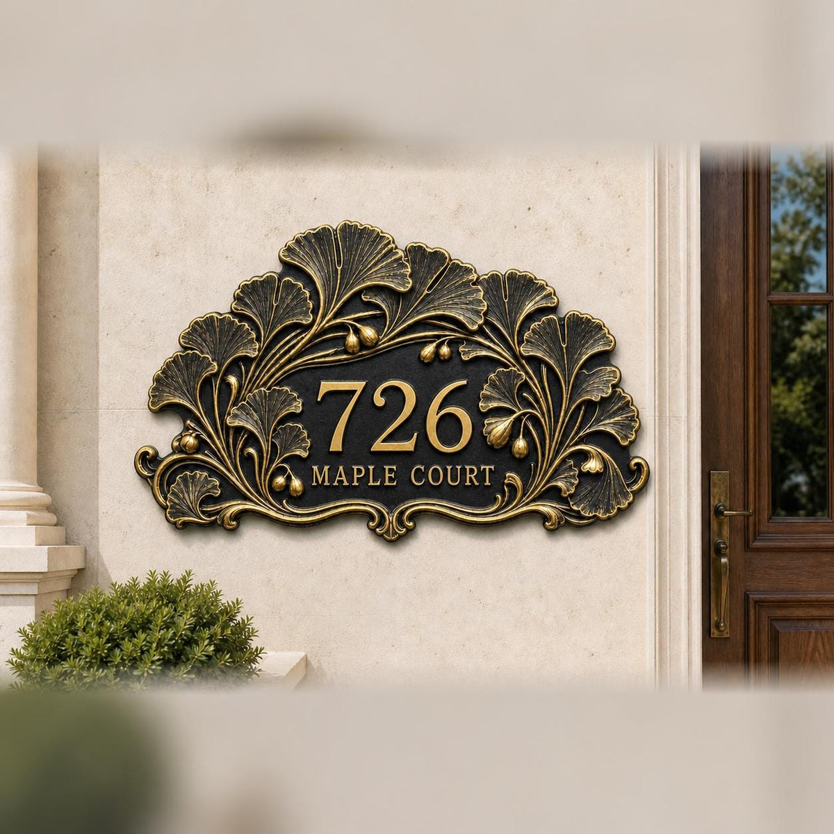 Design Your Own Custom House Number Plaque | Personalized Antique Brass Ginkgo Leaves Address Sign