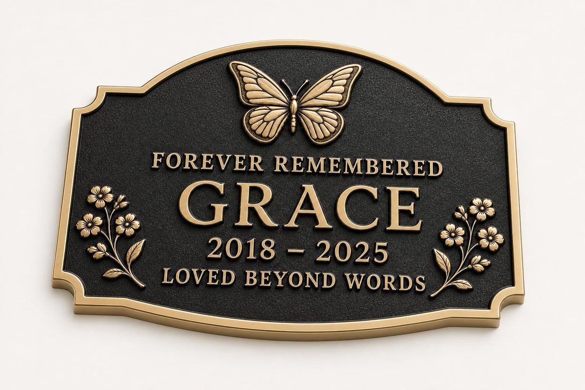 In Loving Memory Plaque, Personalised Floral Memorial, Antique Brass Sign