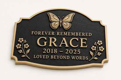 In Loving Memory Plaque, Personalised Floral Memorial, Antique Brass Sign