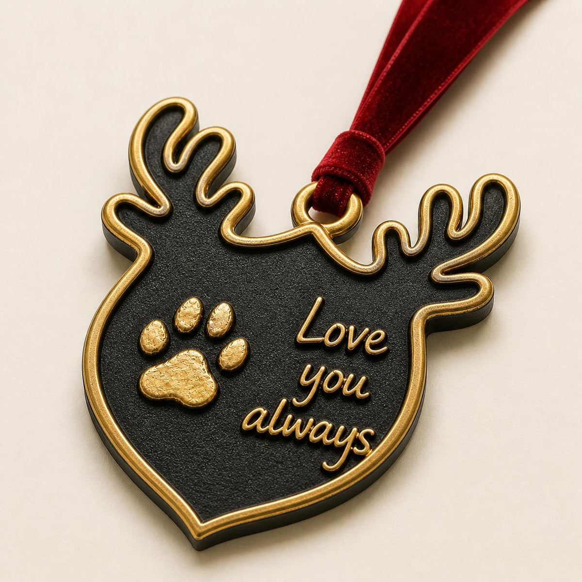 Close angled view of the antlered ornament with the raised paw print and script lettering
