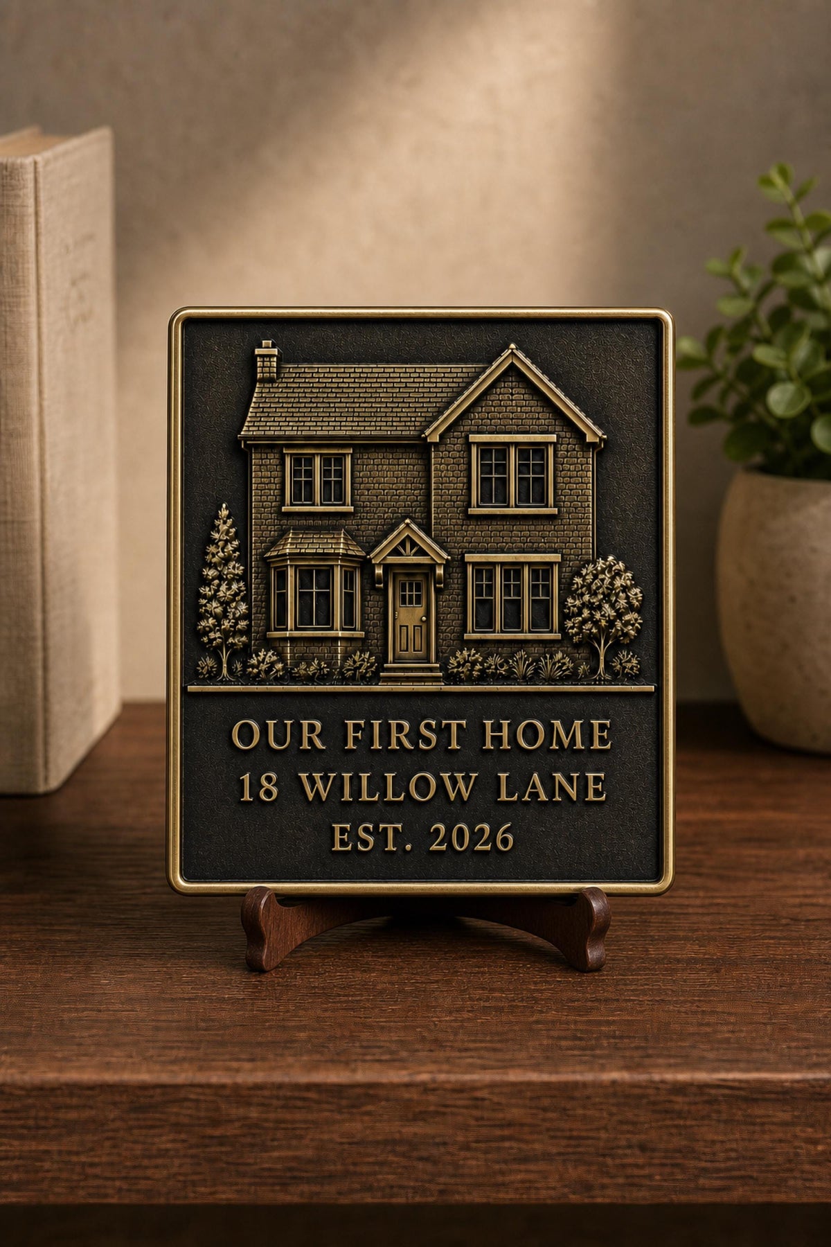 Custom House Portrait Plaque | Personalised Architectural Relief | Antique Brass Keepsake Gift