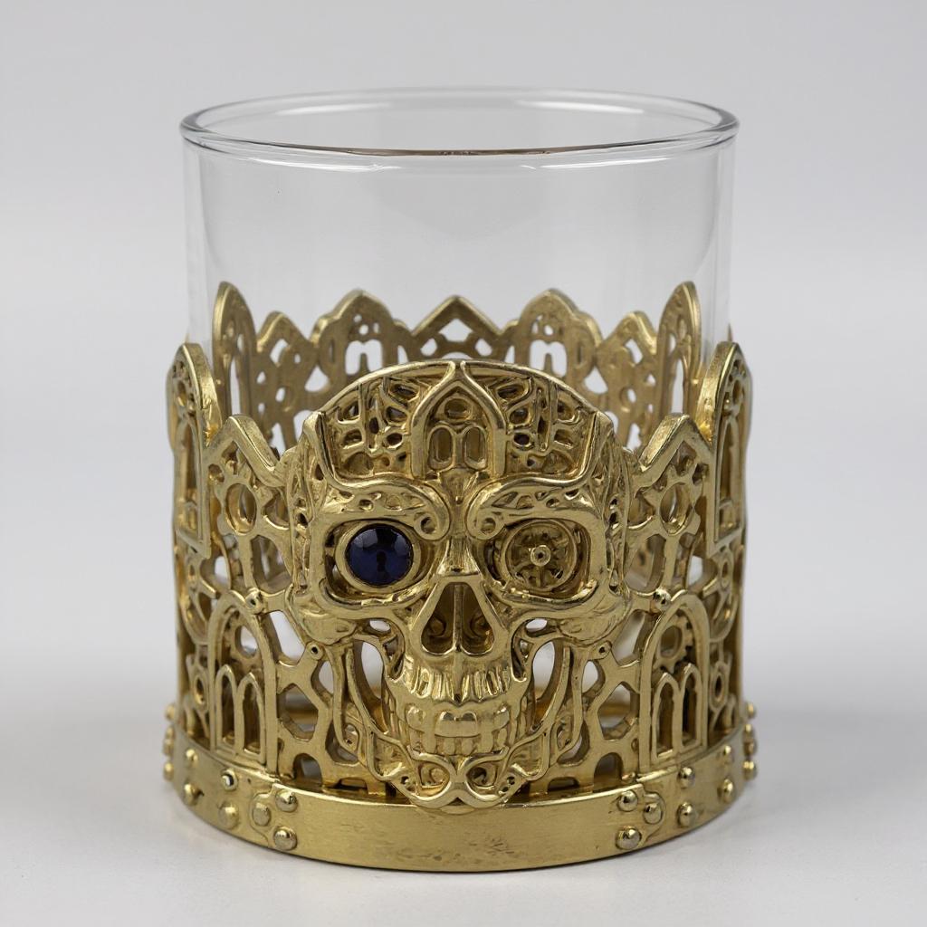 Gemstone Skull Whiskey Glass – Gold Holder, 10 oz