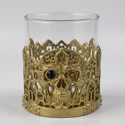 Gemstone Skull Whiskey Glass – Gold Holder, 10 oz