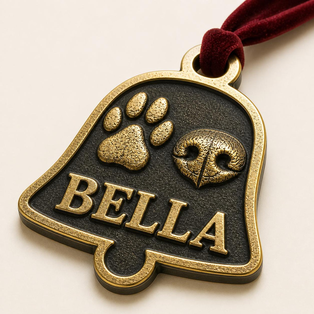 Close angled view of the bell ornament with the raised paw, nose and BELLA