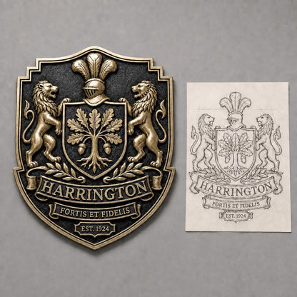 Design Your Own Coat of Arms Plaque | Lion Supporters & Motto Banner | Antique Brass Wall Sign