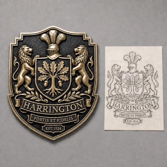 Design Your Own Coat of Arms Plaque | Lion Supporters & Motto Banner | Antique Brass Wall Sign