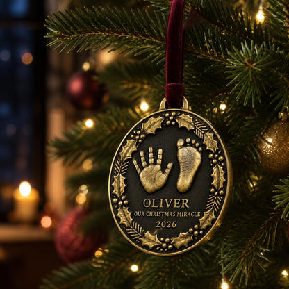 Baby Handprint and Footprint Ornament, Holly Oval
