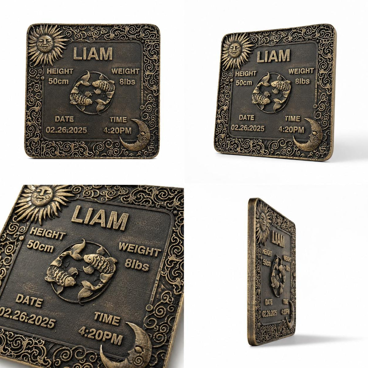 Personalized Brass Birth Plaque Tile for New Borns | Brass Zodiac Sun Sign Plaques | Antique Gold Finish