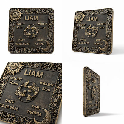 Personalized Brass Birth Plaque Tile for New Borns | Brass Zodiac Sun Sign Plaques | Antique Gold Finish