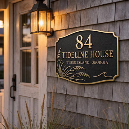 Personalised Antique Brass Address Plaque | Custom Beach House Number