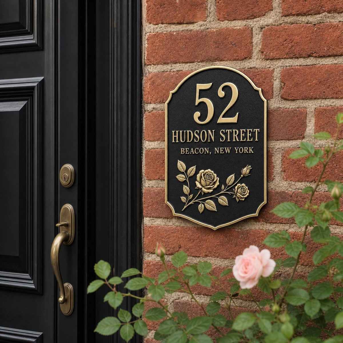 Personalised Rose Address Plaque | Custom Metal House Number | Antique Brass Wall Plate