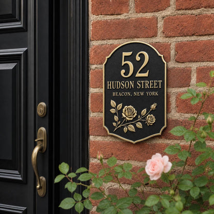 Personalised Rose Address Plaque | Custom Metal House Number | Antique Brass Wall Plate
